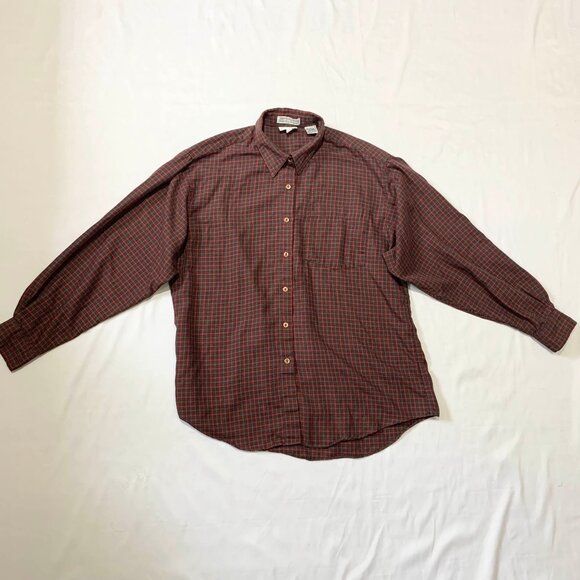 VTG 80s Tabi International Brown Red Plaid Button Down Long Sleeve Shirt Pocket - Picture 2 of 5